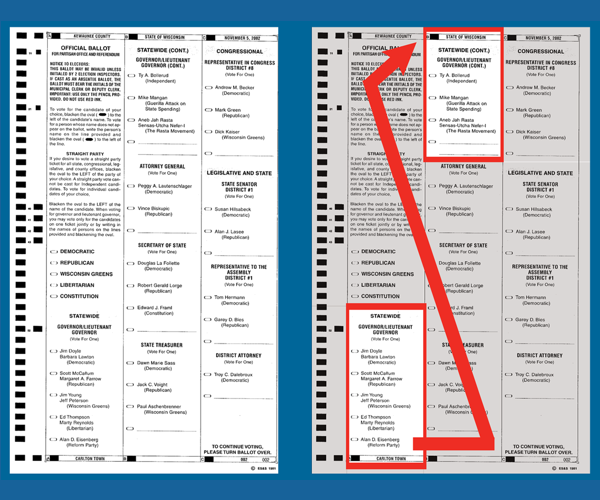 Ballot image from Kewaunee showing the ballot and highlights of the split contest.