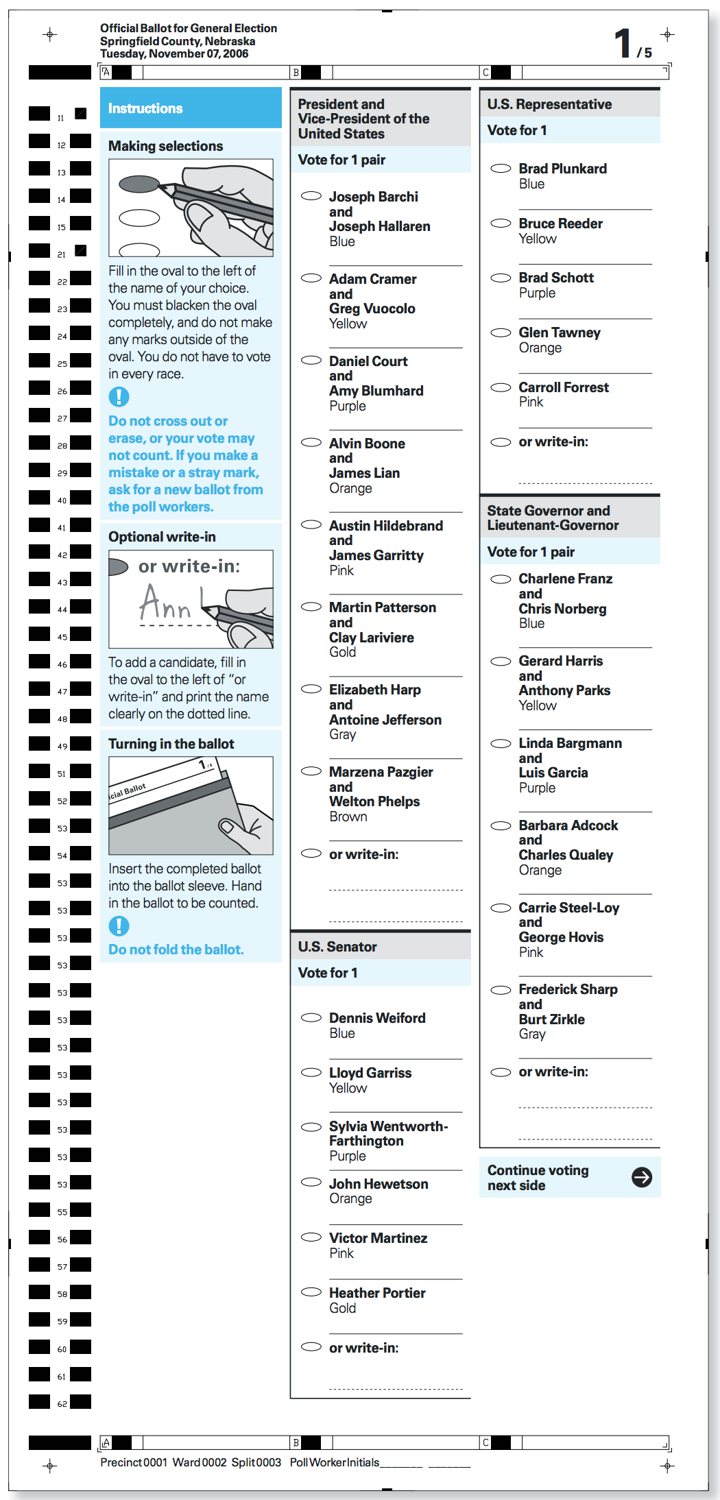A paper ballot - the instructions to "continue voting next side" are right below the last contest on the page