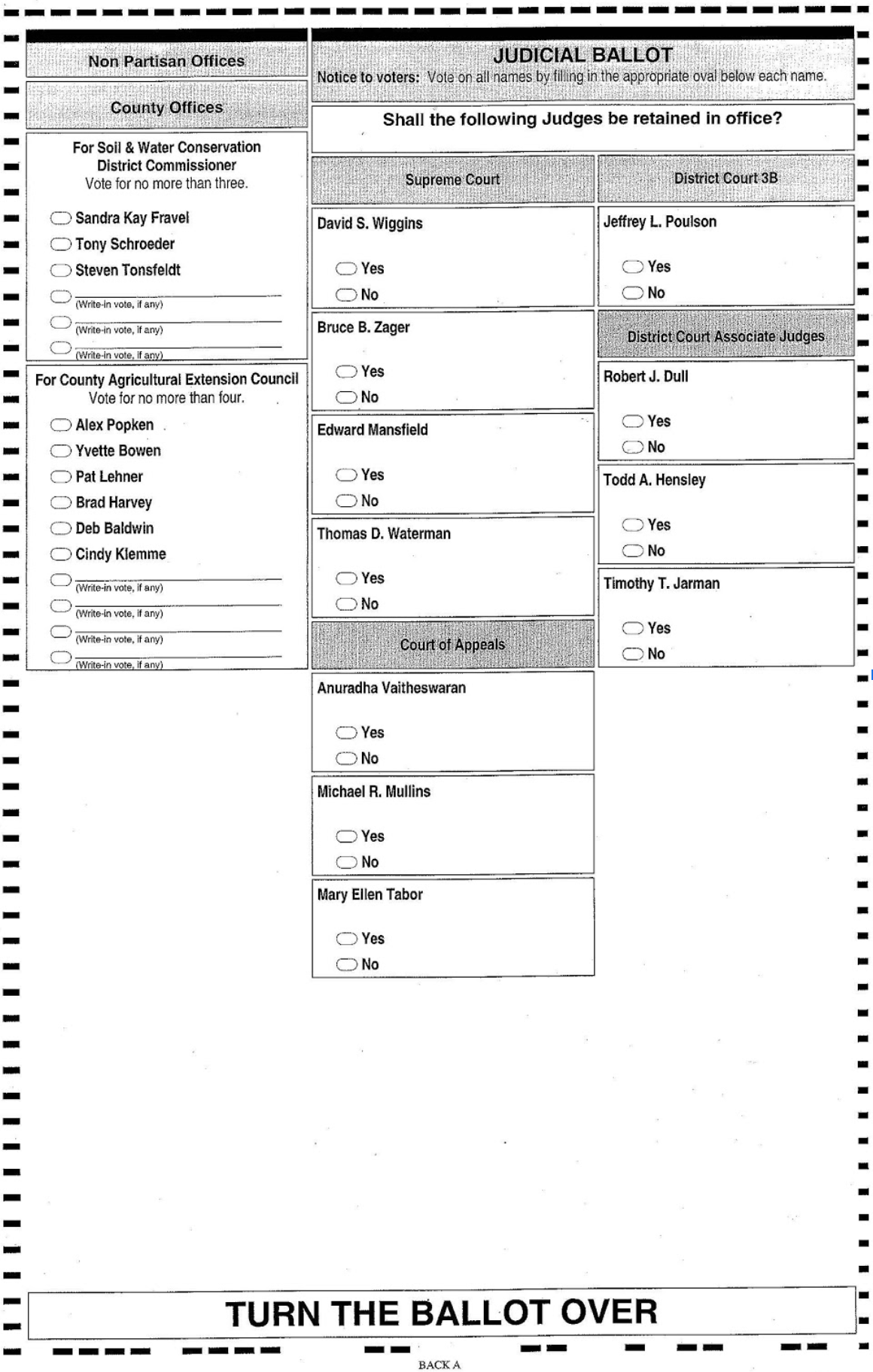 Paper ballot with instructions across the bottom in all caps