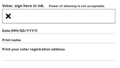 Close-up of signature field on vote at home envelope template